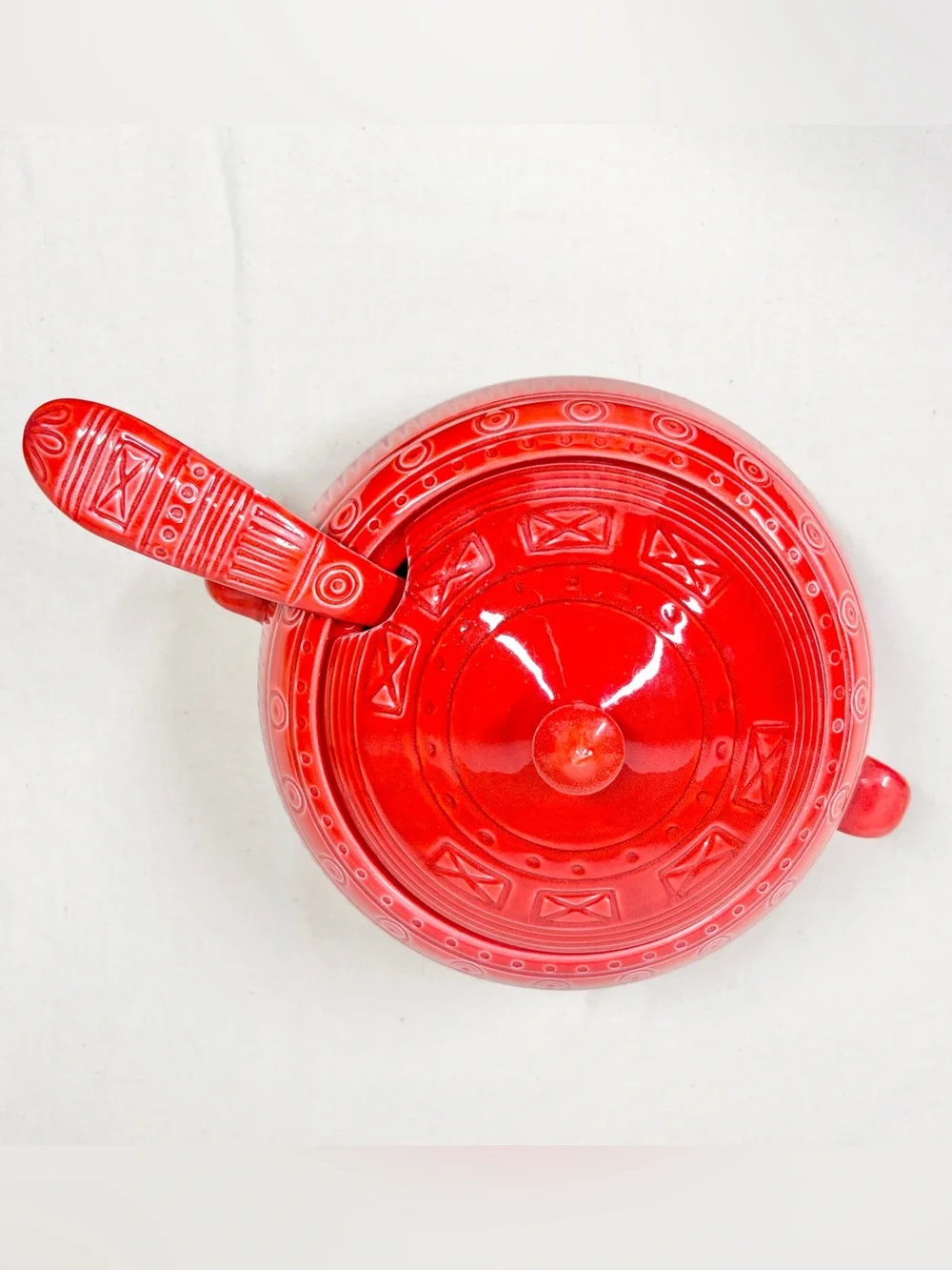Vintage California Pottery Soup Ceramic Tureen with Ladle B655 Red Orange